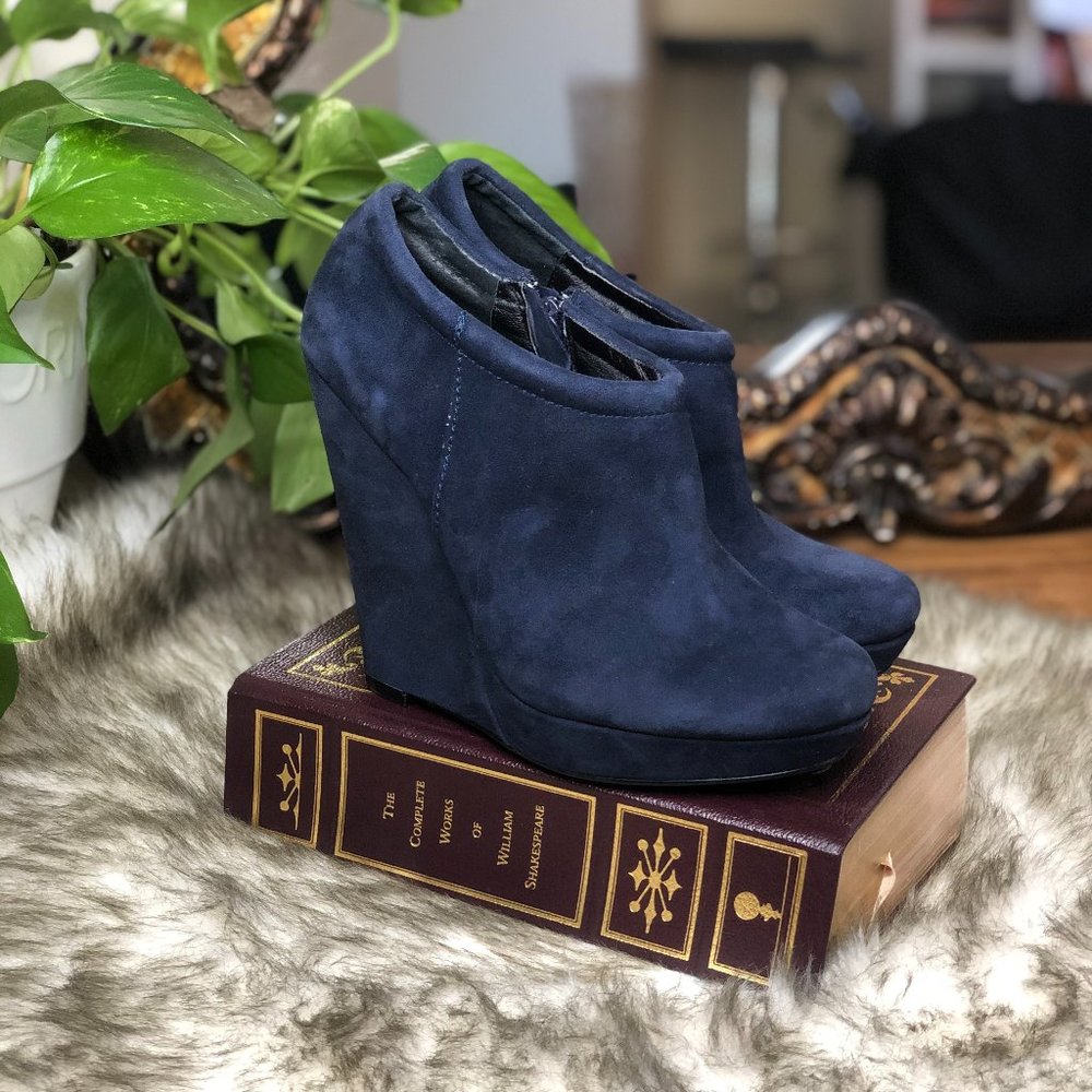 Trouve Blue Suede Platform Wedge Booties size 6